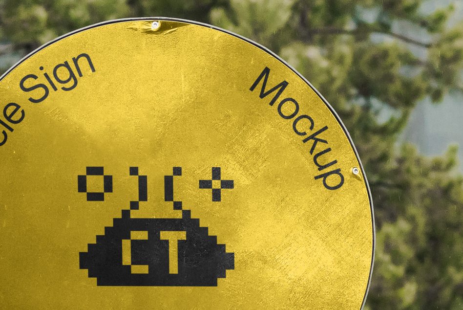 Circular yellow sign with pixelated graphic design and text 'Mockup' for creative asset display, ideal for graphic designers and branding.